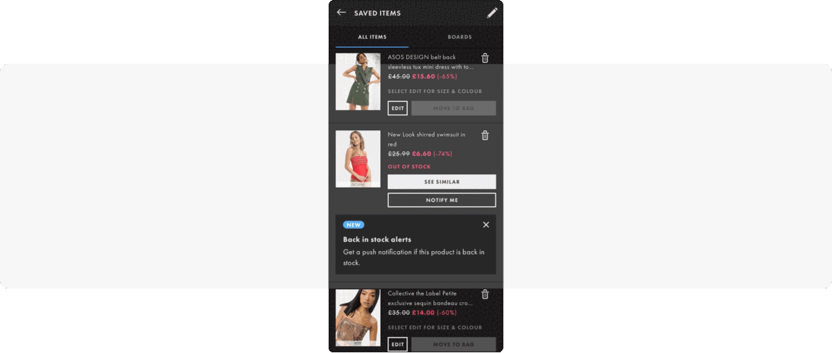 In-app message encouraging users to receive push alerts when their chosen items are back in stock