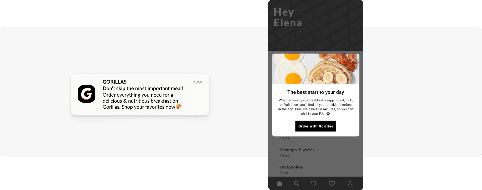 Gorillas’ push notification driving customers to the app + in-app message building up on the push