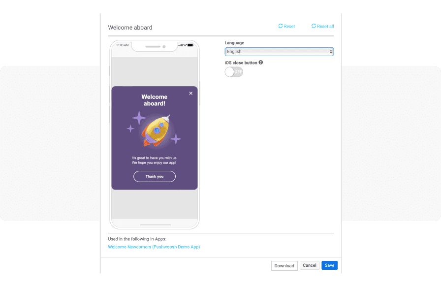 Welcome in-app message template - Pushwoosh